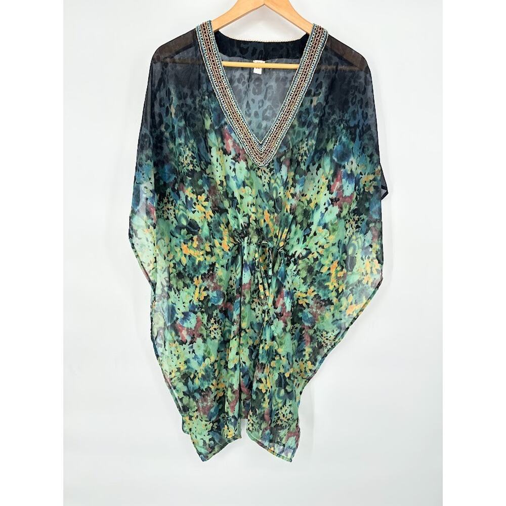 Badgley Mischka Sheer Swim Cover Up Caftan Top Womens Medium Beaded Jewel Resort